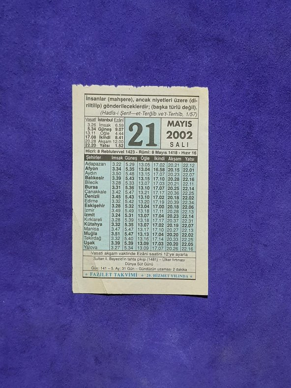 21 Mayıs 2002 Takvim Yaprağı - Nostalji Koleksiyonluk Takvim Yaprağı A ürün görseli