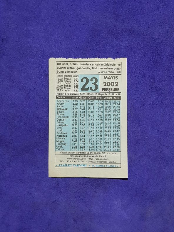 23 Mayıs 2002 Takvim Yaprağı - Nostalji Koleksiyonluk Takvim Yaprağı A ürün görseli