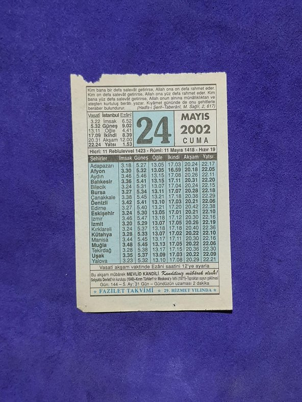 24 Mayıs 2002 Takvim Yaprağı - Nostalji Koleksiyonluk Takvim Yaprağı A ürün görseli