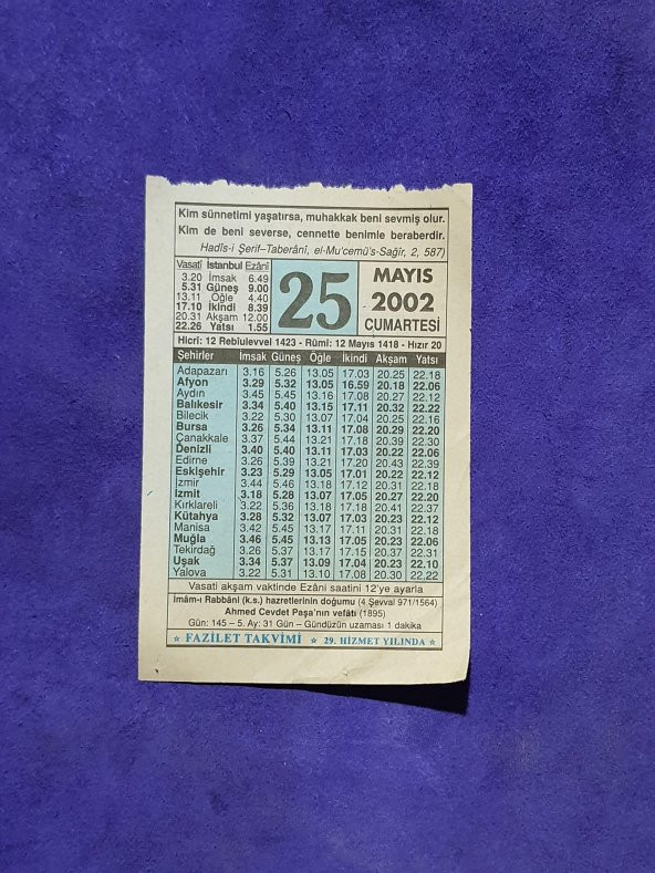 25 Mayıs 2002 Takvim Yaprağı - Nostalji Koleksiyonluk Takvim Yaprağı A ürün görseli