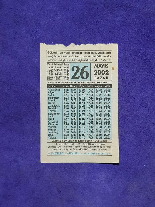 26 Mayıs 2002 Takvim Yaprağı - Nostalji Koleksiyonluk Takvim Yaprağı A ürün görseli