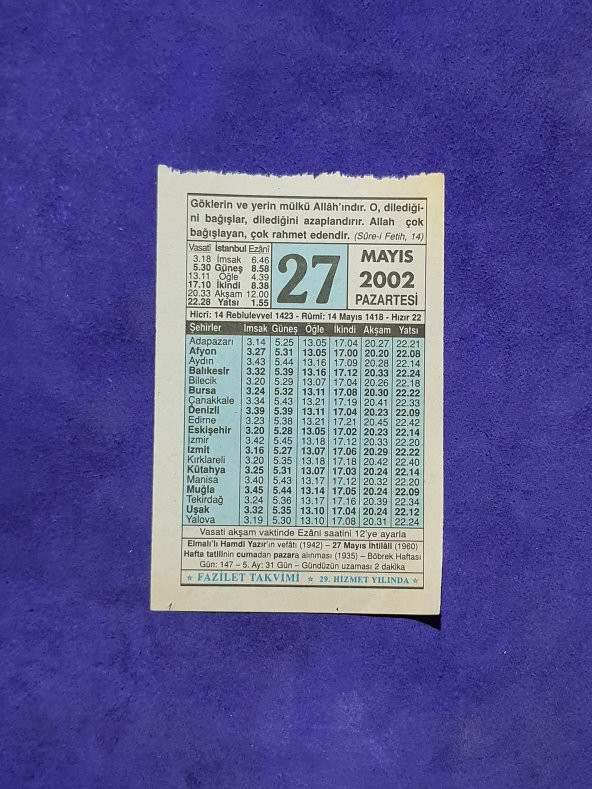 27 Mayıs 2002 Takvim Yaprağı - Nostalji Koleksiyonluk Takvim Yaprağı A ürün görseli