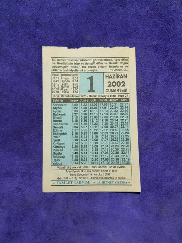 1 Haziran 2002 Takvim Yaprağı - Nostalji Koleksiyonluk Takvim Yaprağı ürün görseli