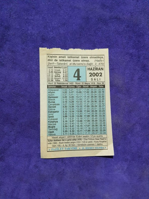 4 Haziran 2002 Takvim Yaprağı - Nostalji Koleksiyonluk Takvim Yaprağı ürün görseli