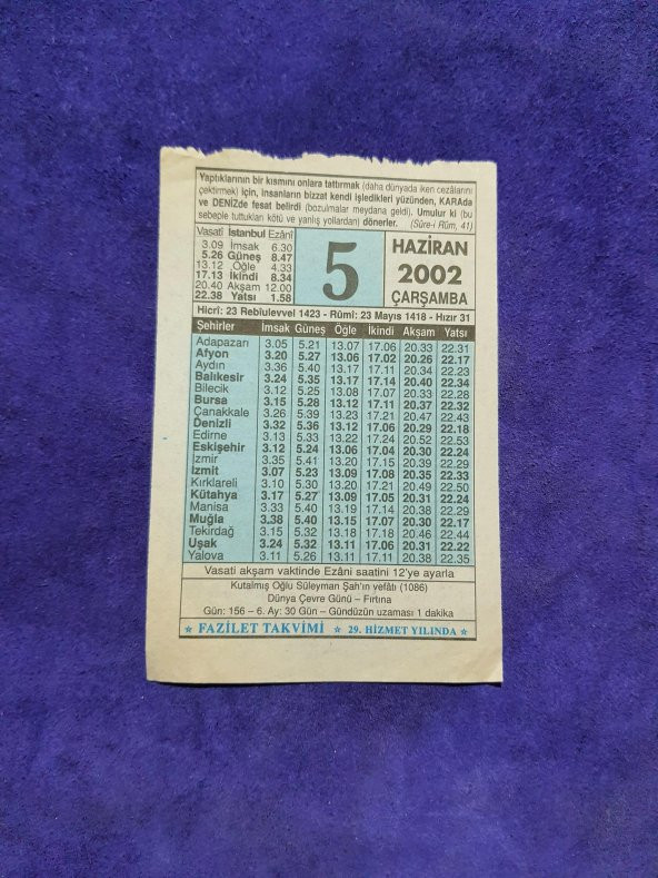 5 Haziran 2002 Takvim Yaprağı - Nostalji Koleksiyonluk Takvim Yaprağı ürün görseli
