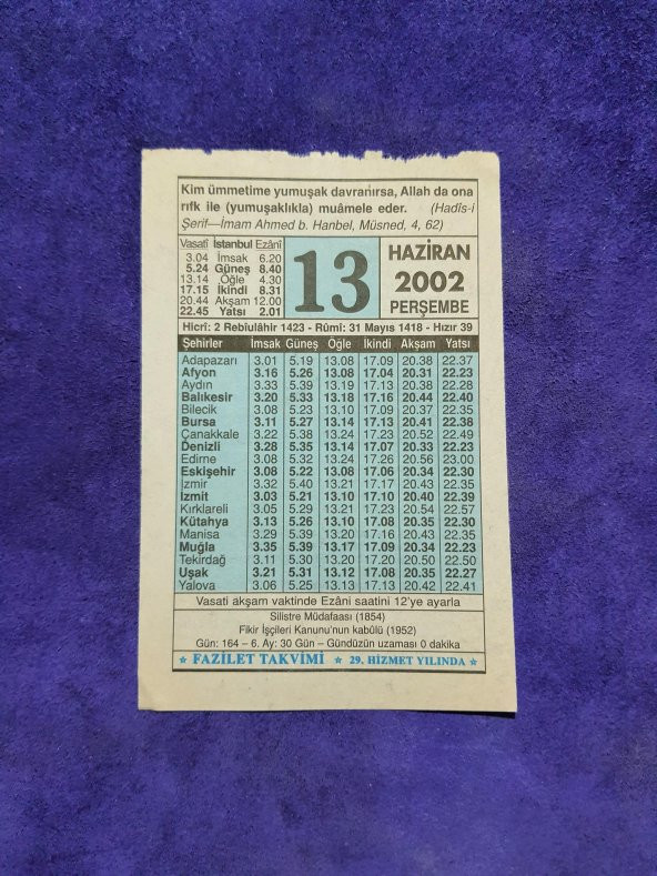 13 Haziran 2002 Takvim Yaprağı - Nostalji Koleksiyonluk Takvim Yaprağı ürün görseli