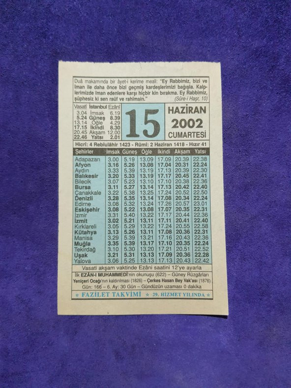 15 Haziran 2002 Takvim Yaprağı - Nostalji Koleksiyonluk Takvim Yaprağı ürün görseli