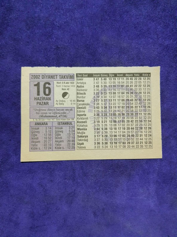 16 Haziran 2002 Takvim Yaprağı - Nostalji Koleksiyonluk Takvim Yaprağı A ürün görseli