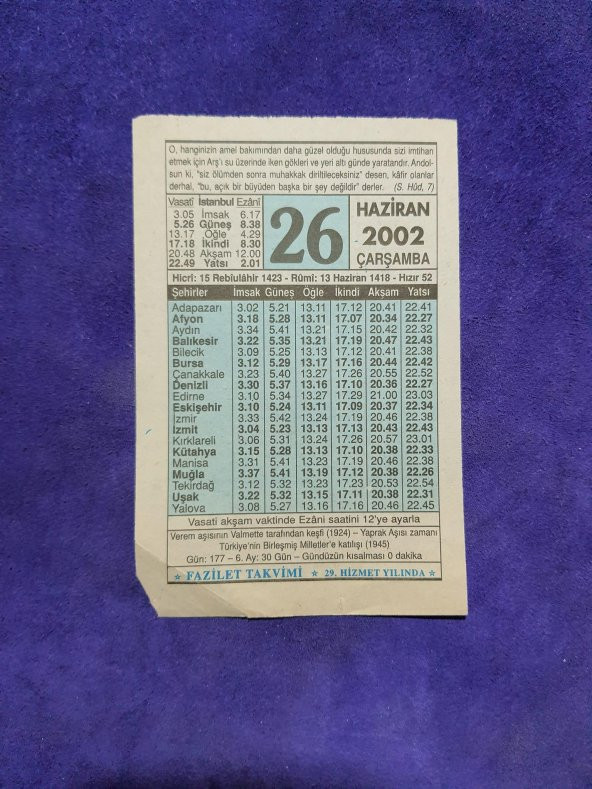 26 Haziran 2002 Takvim Yaprağı - Nostalji Koleksiyonluk Takvim Yaprağı ürün görseli