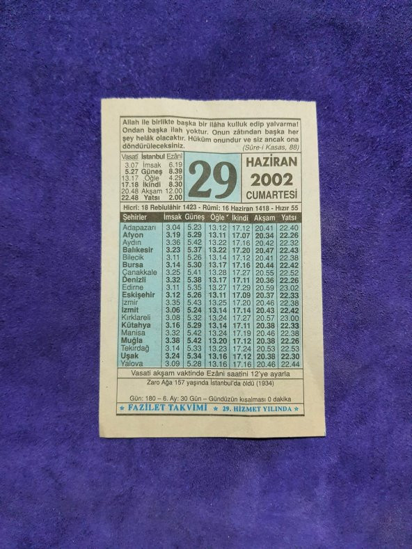 29 Haziran 2002 Takvim Yaprağı - Nostalji Koleksiyonluk Takvim Yaprağı ürün görseli