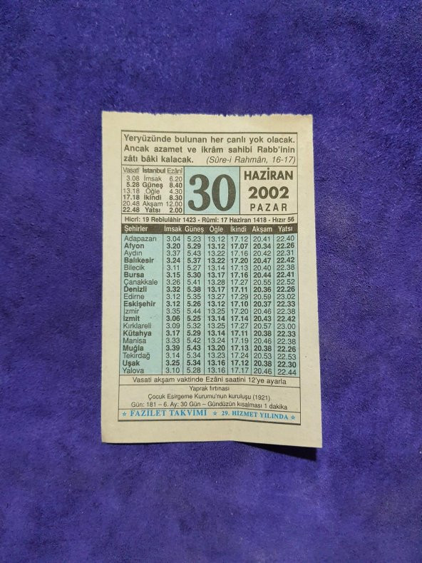 30 Haziran 2002 Takvim Yaprağı - Nostalji Koleksiyonluk Takvim Yaprağı ürün görseli