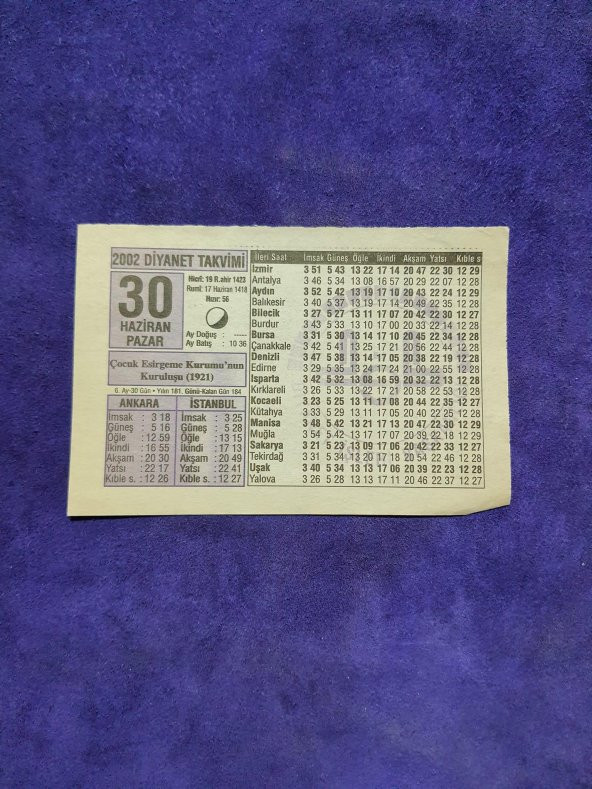 30 Haziran 2002 Takvim Yaprağı - Nostalji Koleksiyonluk Takvim Yaprağı A