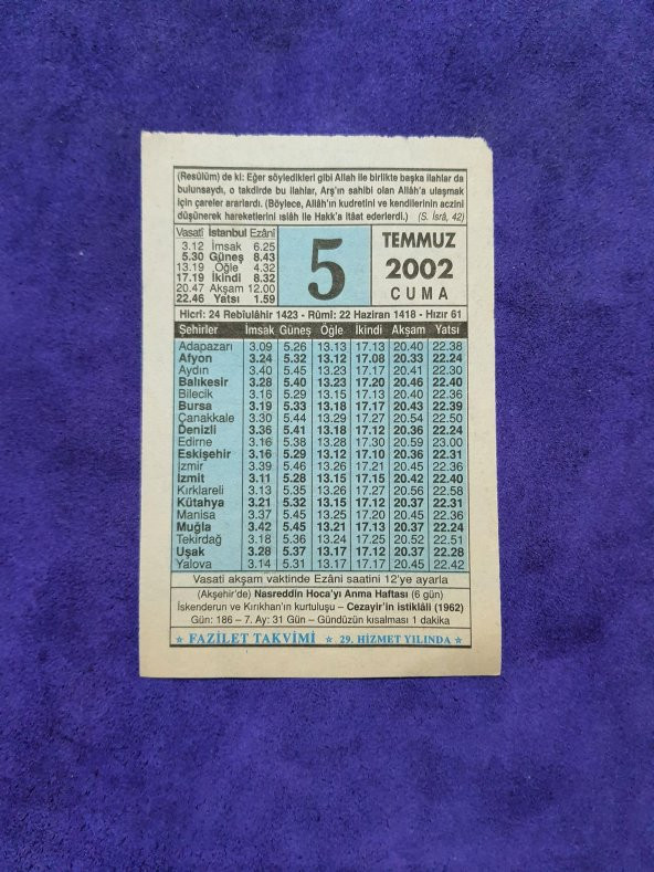 5 Temmuz 2002 Takvim Yaprağı - Nostalji Koleksiyonluk Takvim Yaprağı - 1