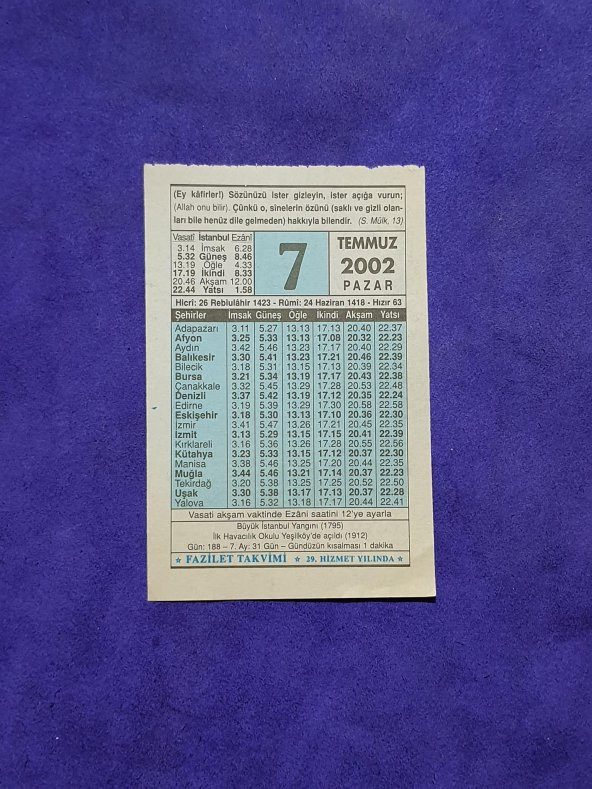 7 Temmuz 2002 Takvim Yaprağı - Nostalji Koleksiyonluk Takvim Yaprağı ürün görseli