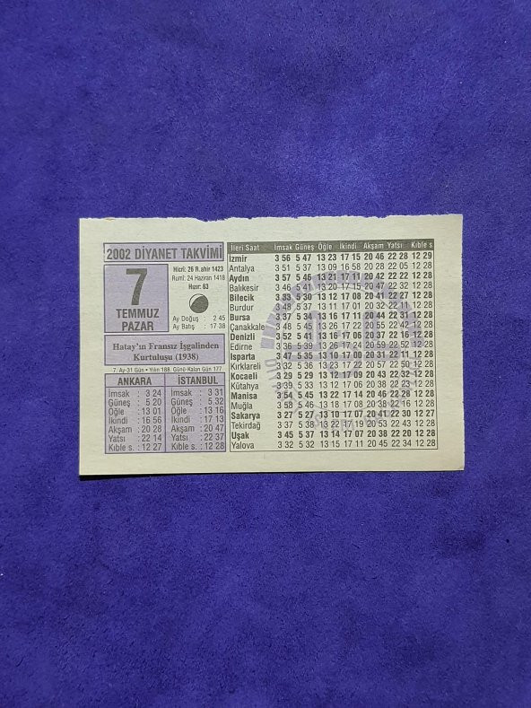 7 Temmuz 2002 Takvim Yaprağı - Nostalji Koleksiyonluk Takvim Yaprağı A ürün görseli