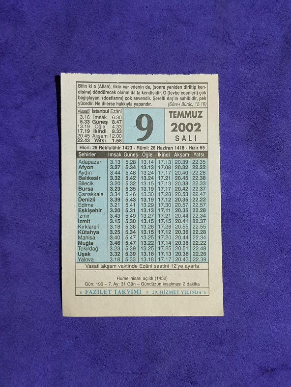 9 Temmuz 2002 Takvim Yaprağı - Nostalji Koleksiyonluk Takvim Yaprağı ürün görseli