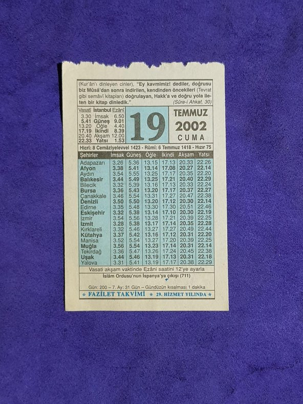 19 Temmuz 2002 Takvim Yaprağı - Nostalji Koleksiyonluk Takvim Yaprağı - 1