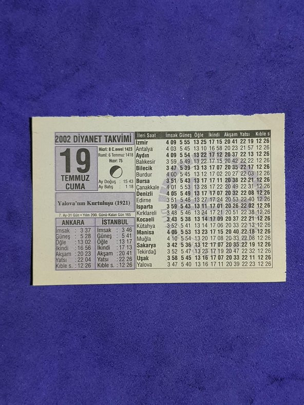 19 Temmuz 2002 Takvim Yaprağı - Nostalji Koleksiyonluk Takvim Yaprağı A