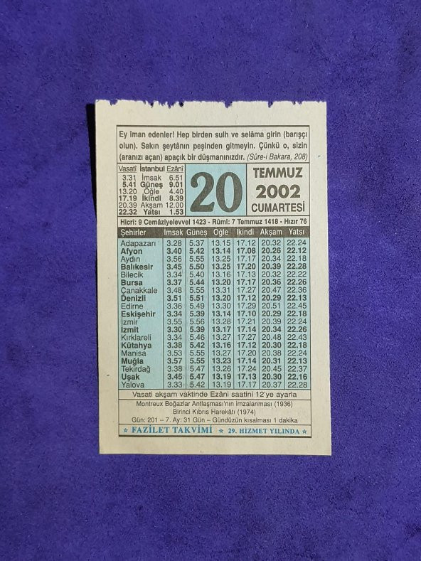 20 Temmuz 2002 Takvim Yaprağı - Nostalji Koleksiyonluk Takvim Yaprağı ürün görseli