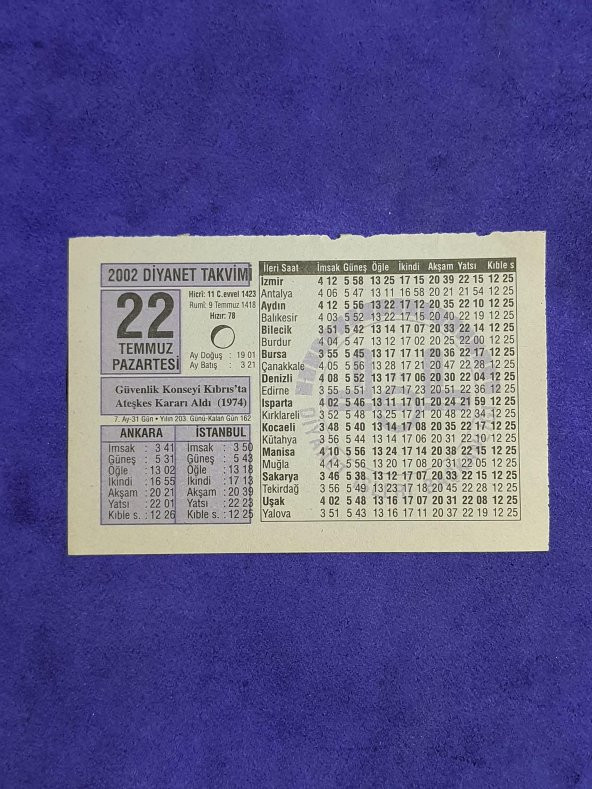 22 Temmuz 2002 Takvim Yaprağı - Nostalji Koleksiyonluk Takvim Yaprağı A ürün görseli