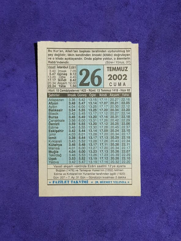 26 Temmuz 2002 Takvim Yaprağı - Nostalji Koleksiyonluk Takvim Yaprağı ürün görseli