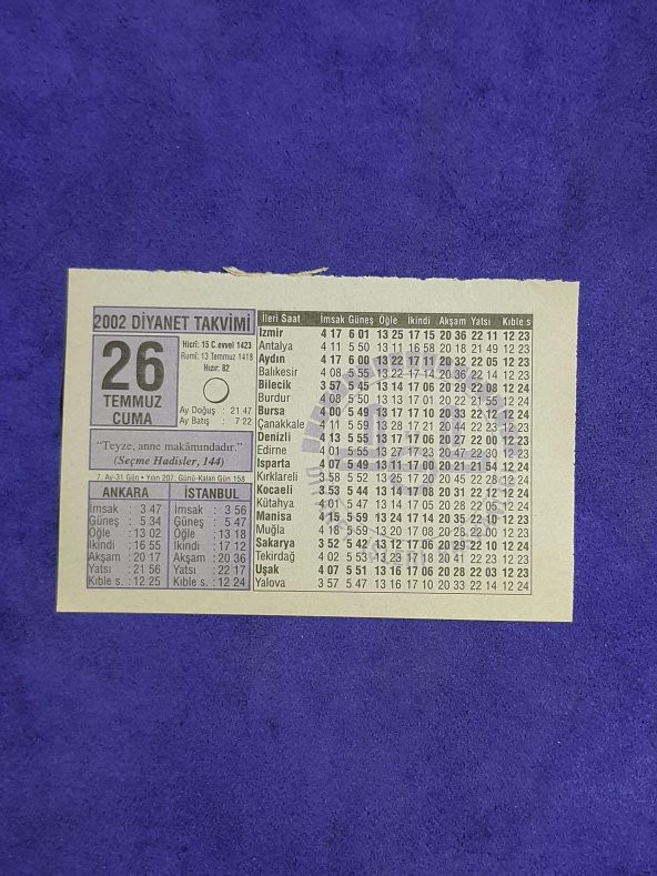 26 Temmuz 2002 Takvim Yaprağı - Nostalji Koleksiyonluk Takvim Yaprağı A - 1