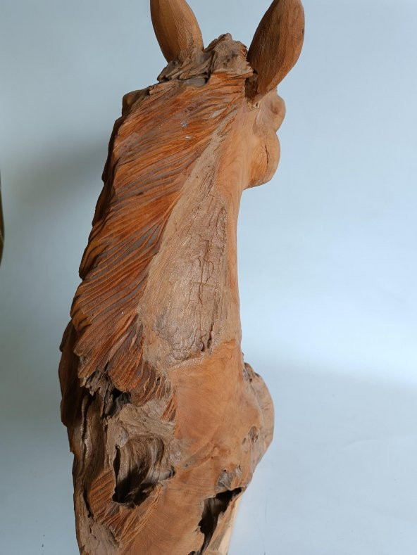 Dekoratif El Oyması Ahşap At Kafası 52x43x20cm (Teak Ağacı-1) - 5