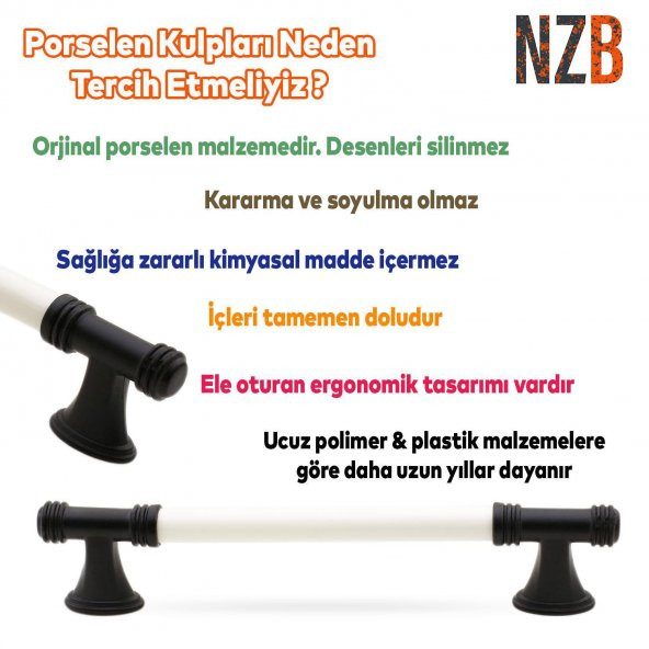Lüks Porselen Mobilya Çekmece Dolap Kapak Kulpu Kulbu 160 mm Beyaz Mat Siyah - Resim 6