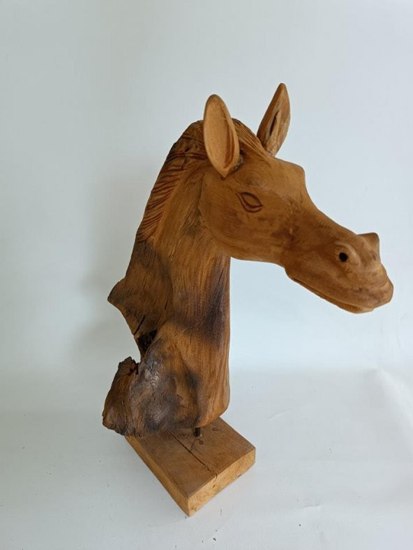 Dekoratif El Oyması Ahşap At Kafası 52x43x24cm (Teak Ağac-3)