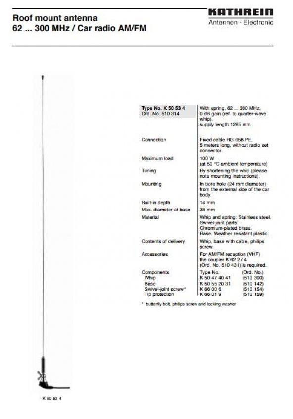 Kathrein K50534 62-300MHz Araba Tavan Anteni 128,5cm 510314 - 3