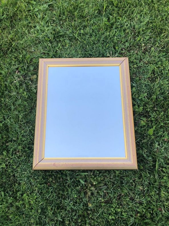 Vintage Sarı Yaldız İşlemeli Ahşap Çerçeveli Ayna 51x61 cm - Dekoratif Ayna - 5
