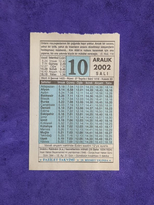 10 Aralık 2002 Takvim Yaprağı - Nostalji Koleksiyonluk Takvim Yaprağı ürün görseli