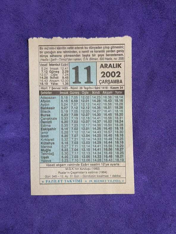 11 Aralık 2002 Takvim Yaprağı - Nostalji Koleksiyonluk Takvim Yaprağı