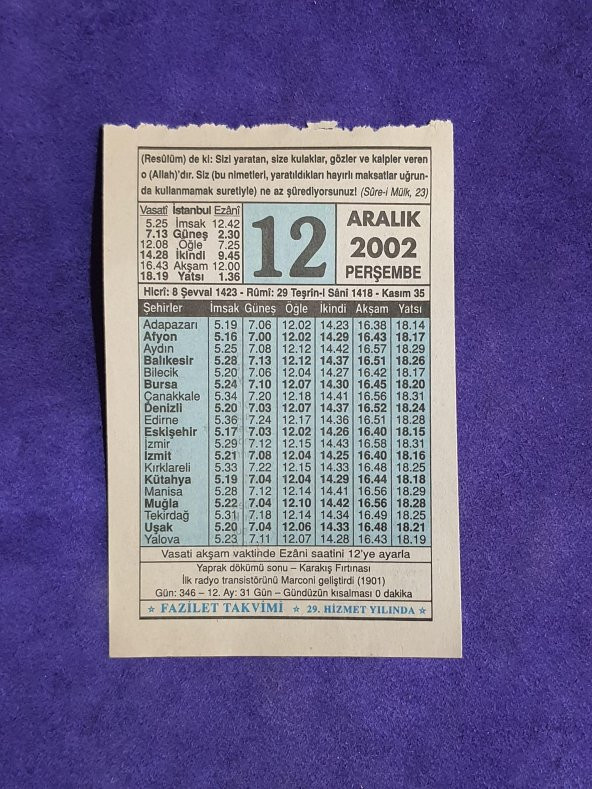 12 Aralık 2002 Takvim Yaprağı - Nostalji Koleksiyonluk Takvim Yaprağı ürün görseli