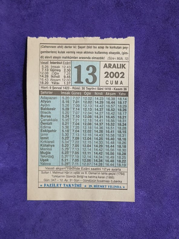 13 Aralık 2002 Takvim Yaprağı - Nostalji Koleksiyonluk Takvim Yaprağı ürün görseli