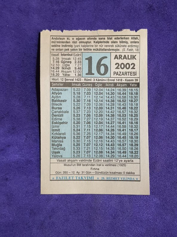 16 Aralık 2002 Takvim Yaprağı - Nostalji Koleksiyonluk Takvim Yaprağı ürün görseli