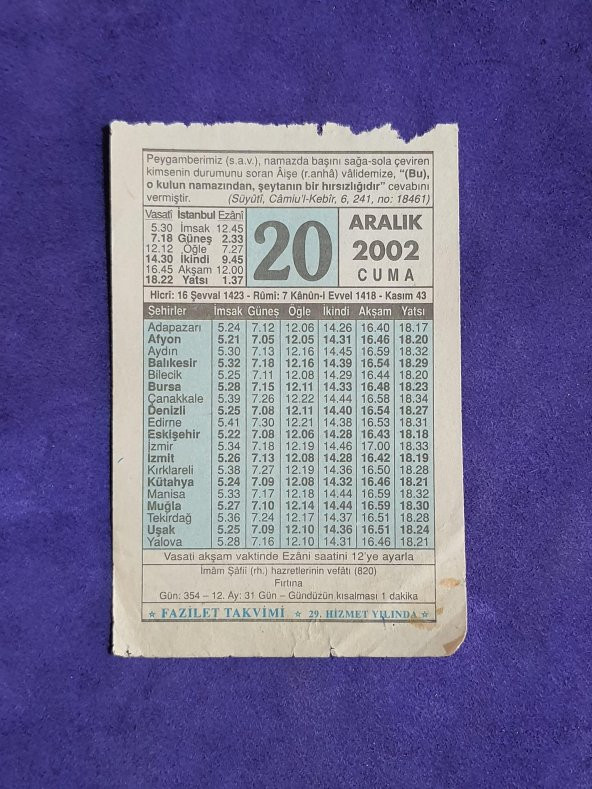 20 Aralık 2002 Takvim Yaprağı - Nostalji Koleksiyonluk Takvim Yaprağı ürün görseli