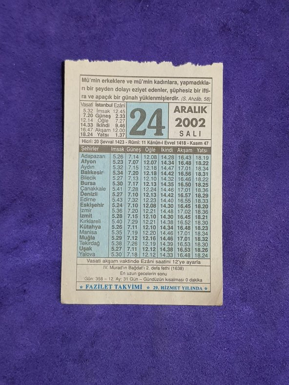 24 Aralık 2002 Takvim Yaprağı - Nostalji Koleksiyonluk Takvim Yaprağı ürün görseli
