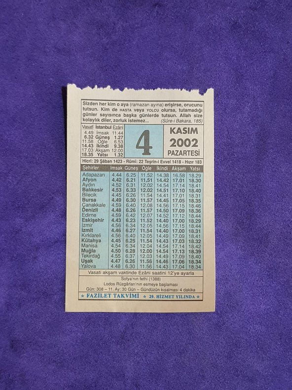 4 Kasım 2002 Takvim Yaprağı - Nostalji Koleksiyonluk Takvim Yaprağı ürün görseli