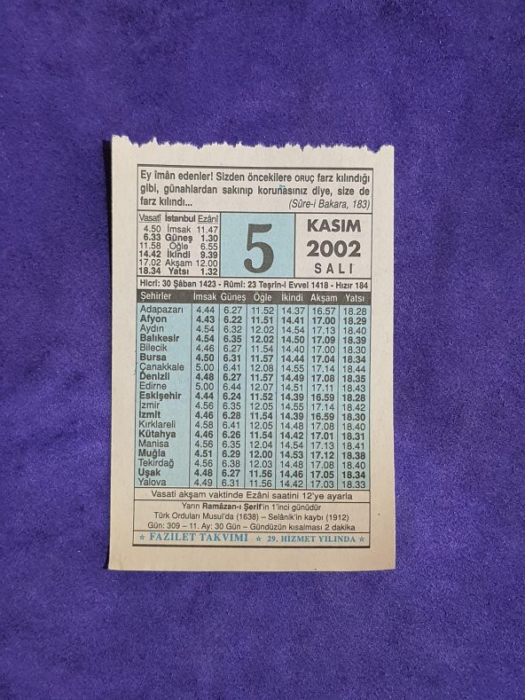 5 Kasım 2002 Takvim Yaprağı - Nostalji Koleksiyonluk Takvim Yaprağı