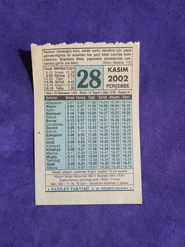 28 Kasım 2002 Takvim Yaprağı - Nostalji Koleksiyonluk Takvim Yaprağı ürün görseli