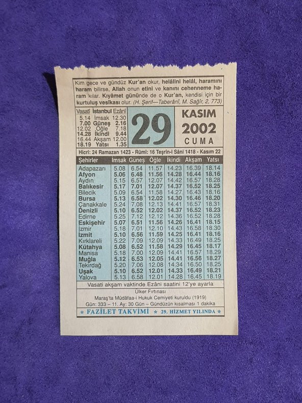 29 Kasım 2002 Takvim Yaprağı - Nostalji Koleksiyonluk Takvim Yaprağı - 1