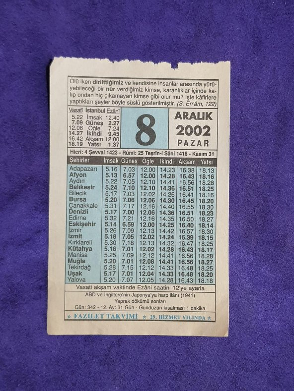 8 Aralık 2002 Takvim Yaprağı - Nostalji Koleksiyonluk Takvim Yaprağı ürün görseli