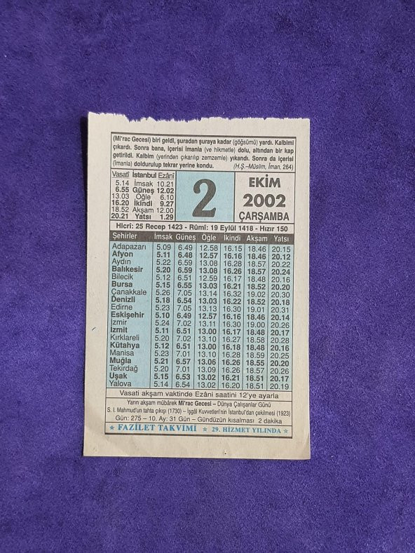 2 Ekim 2002 Takvim Yaprağı - Nostalji Koleksiyonluk Takvim Yaprağı ürün görseli