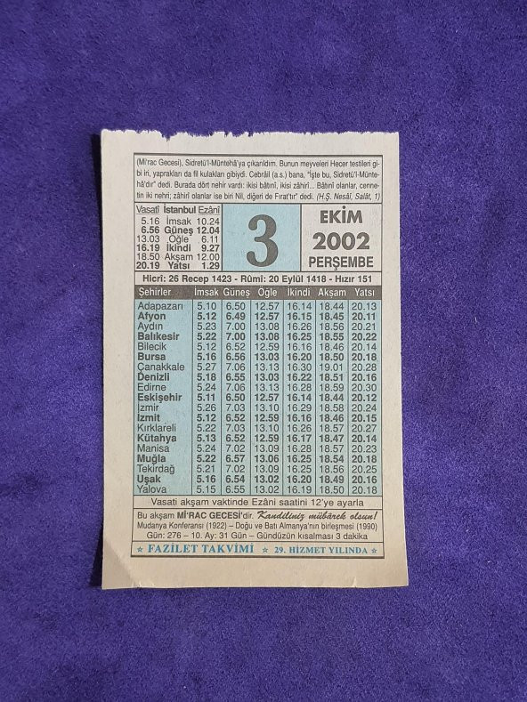 3 Ekim 2002 Takvim Yaprağı - Nostalji Koleksiyonluk Takvim Yaprağı ürün görseli