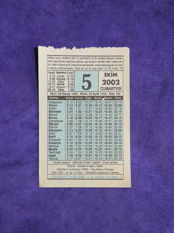 5 Ekim 2002 Takvim Yaprağı - Nostalji Koleksiyonluk Takvim Yaprağı