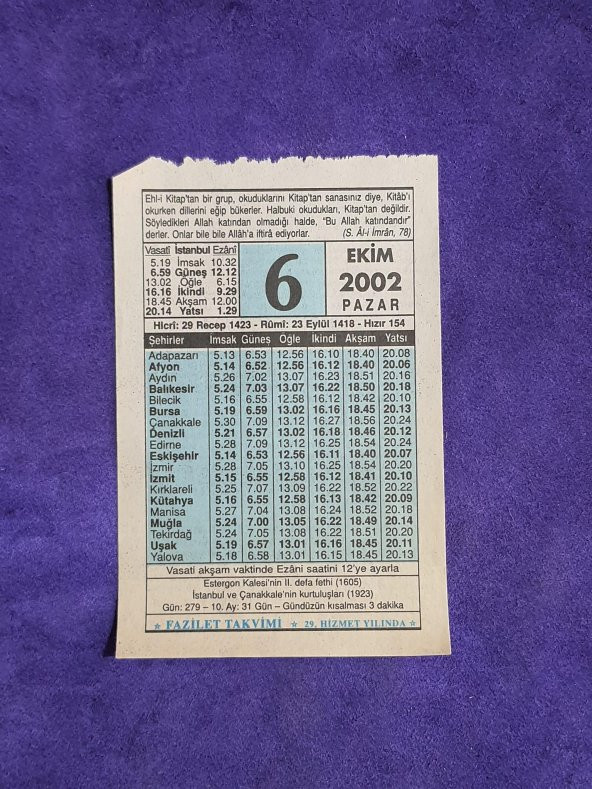 6 Ekim 2002 Takvim Yaprağı - Nostalji Koleksiyonluk Takvim Yaprağı ürün görseli