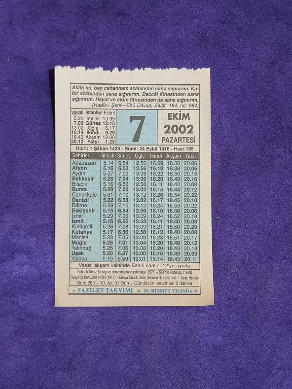 7 Ekim 2002 Takvim Yaprağı - Nostalji Koleksiyonluk Takvim Yaprağı ürün görseli