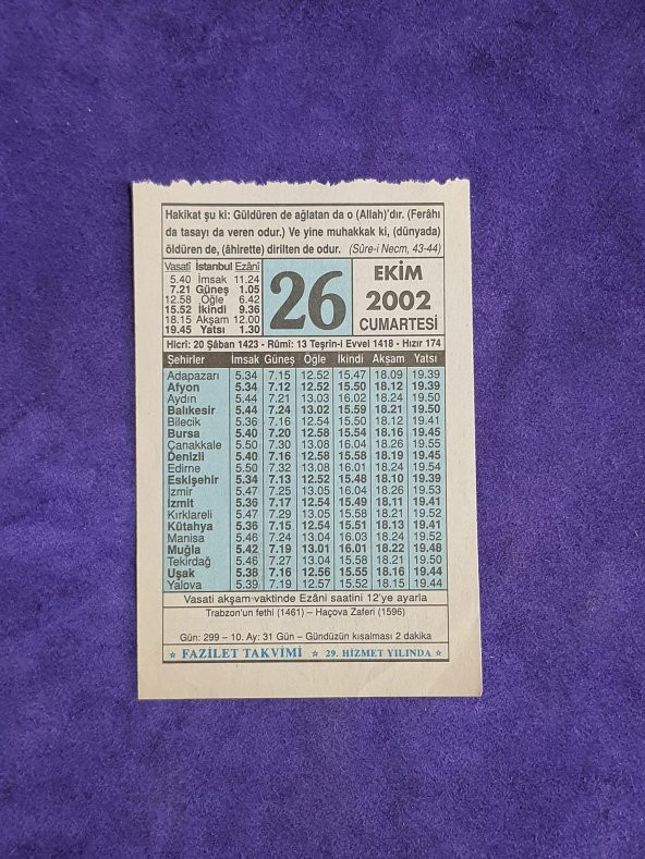 26 Ekim 2002 Takvim Yaprağı - Nostalji Koleksiyonluk Takvim Yaprağı