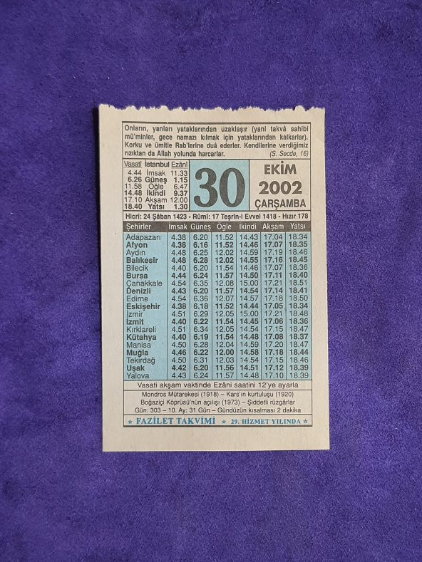 30 Ekim 2002 Takvim Yaprağı - Nostalji Koleksiyonluk Takvim Yaprağı ürün görseli